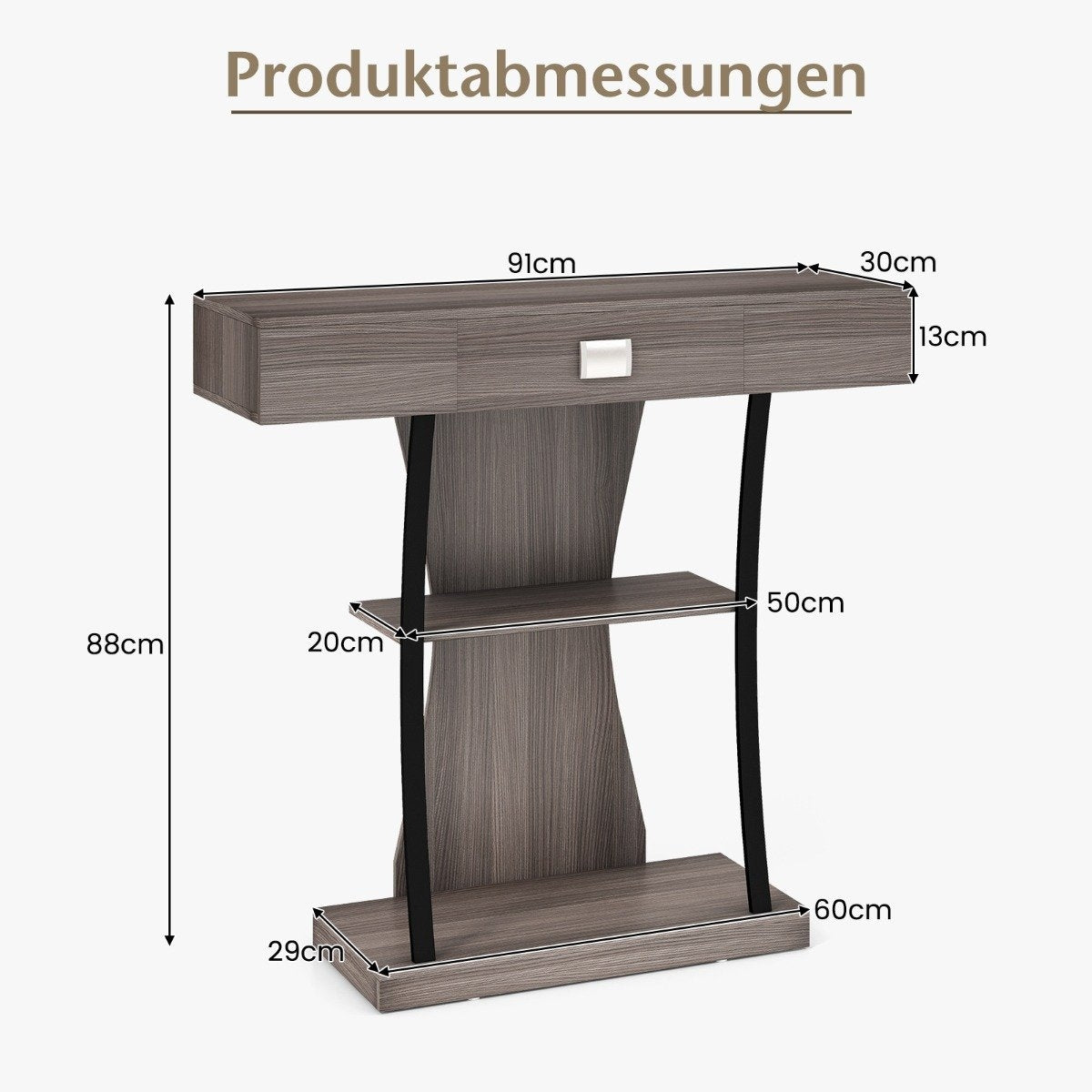 Wooden console table with drawers & metal frame & 2 shelves & anti-tip gray