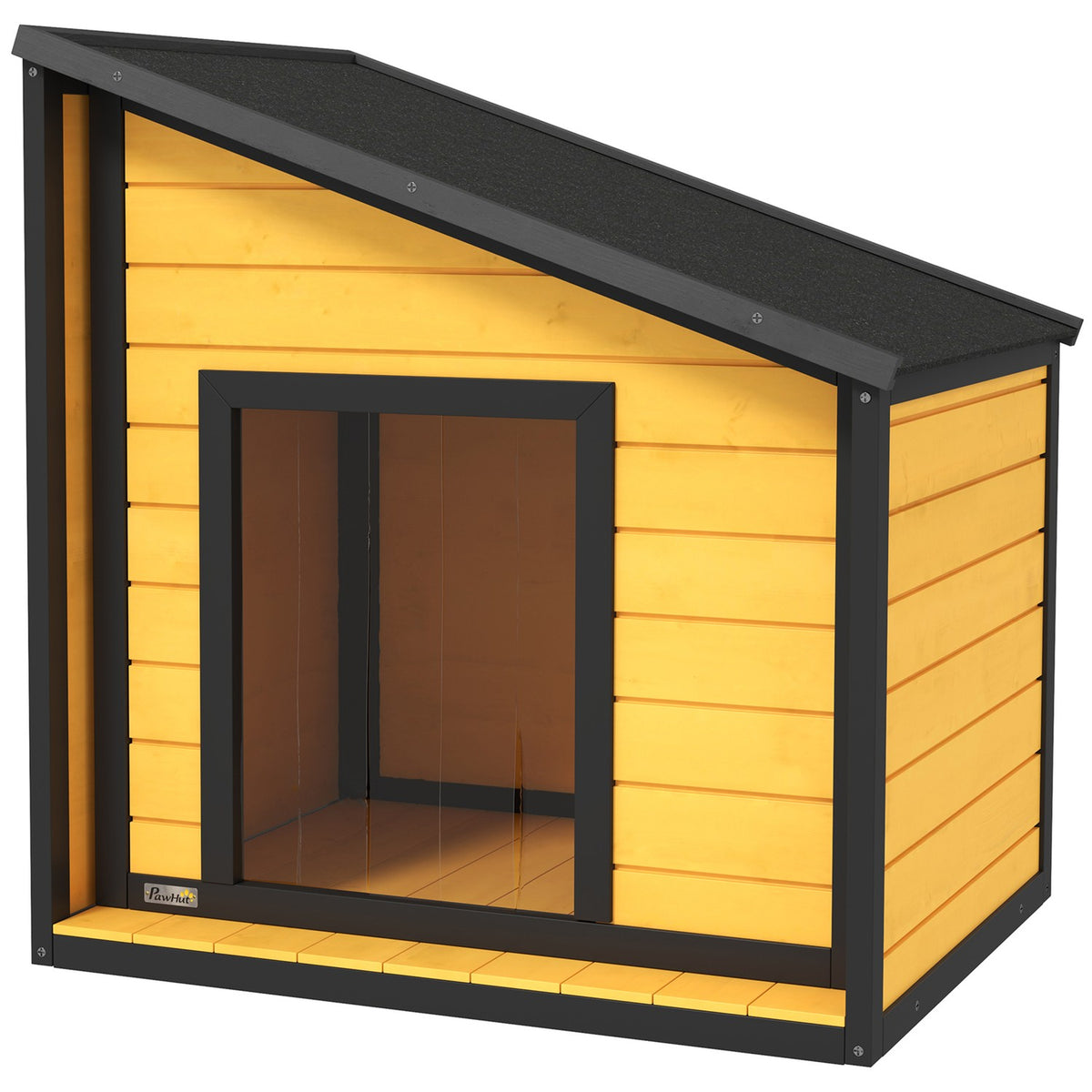 Wooden dog house, dog house with opening asphalt roof and door curtain, outdoor dog house, small animal house for small dogs, outdoor, weatherproof, yellow, 71 x 58 x 53/77 cm