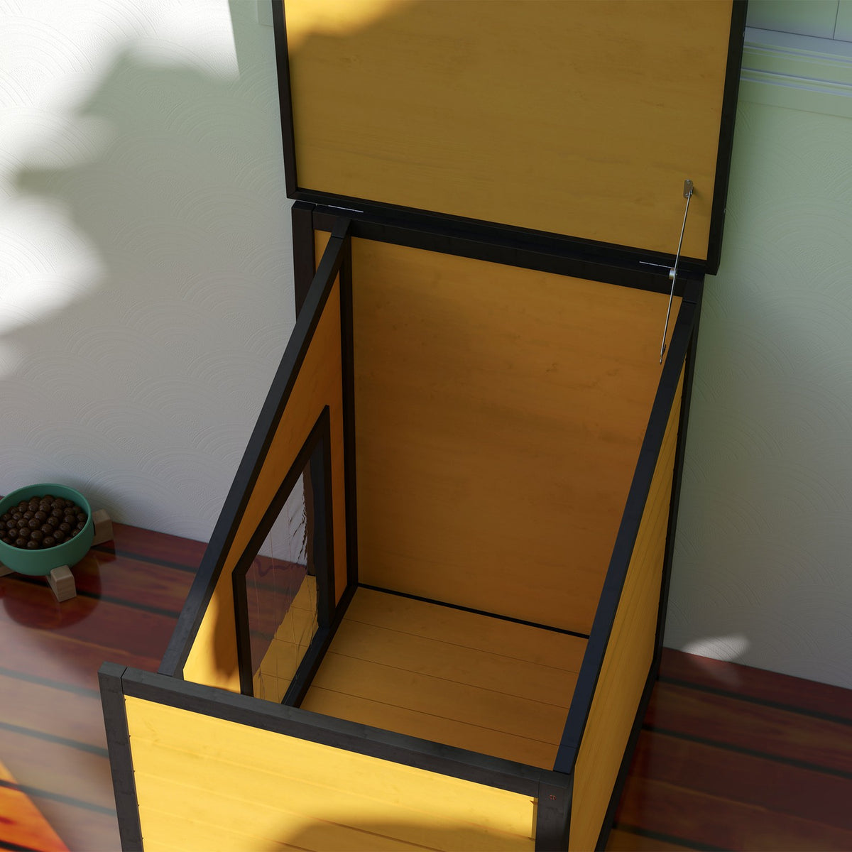 Wooden dog house, dog house with opening asphalt roof and door curtain, outdoor dog house, small animal house for small dogs, outdoor, weatherproof, yellow, 71 x 58 x 53/77 cm