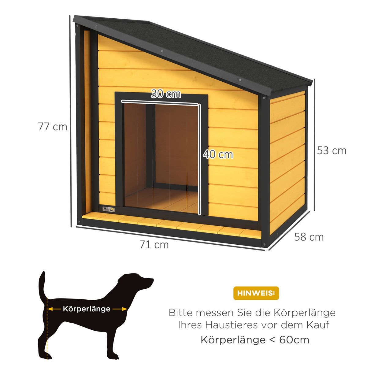 Wooden dog house, dog house with opening asphalt roof and door curtain, outdoor dog house, small animal house for small dogs, outdoor, weatherproof, yellow, 71 x 58 x 53/77 cm