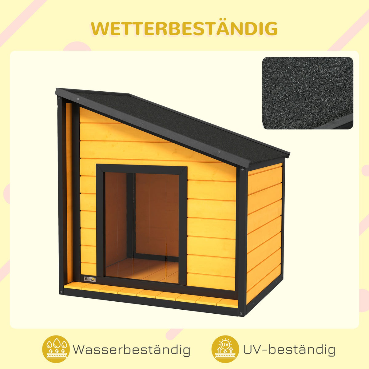 Wooden dog house, dog house with opening asphalt roof and door curtain, outdoor dog house, small animal house for small dogs, outdoor, weatherproof, yellow, 71 x 58 x 53/77 cm