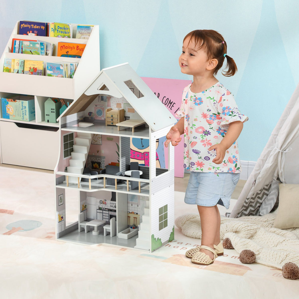 Wooden dollhouse, 3-story dollhouse with 13 pieces of furniture and accessories, 85.3cm high playhouse for 3-6 years children, gray