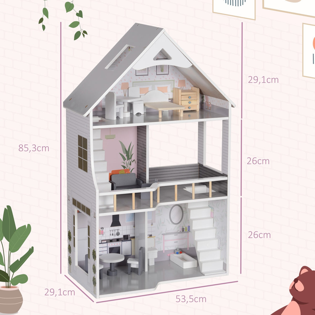 Wooden dollhouse, 3-story dollhouse with 13 pieces of furniture and accessories, 85.3cm high playhouse for 3-6 years children, gray