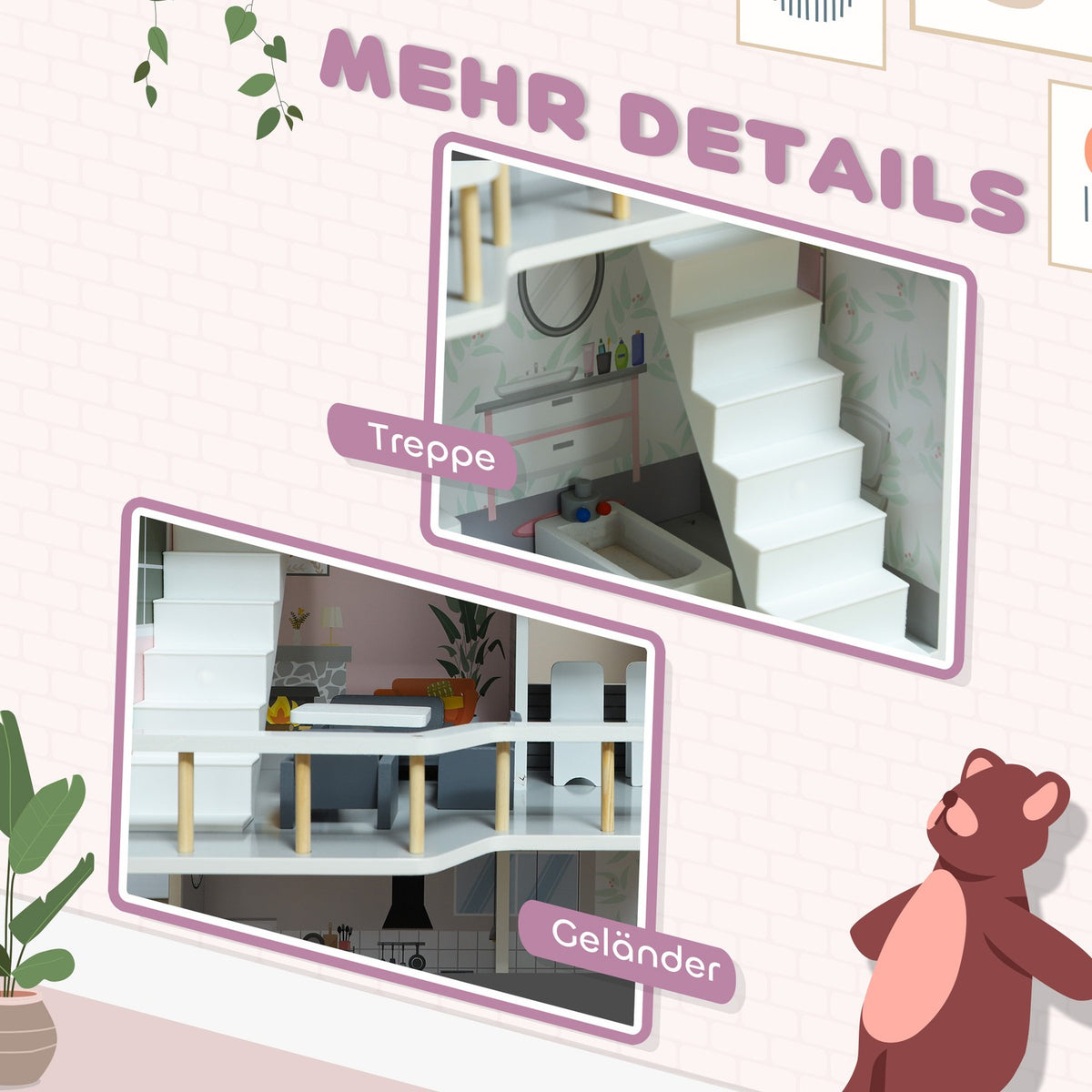 Wooden dollhouse, 3-story dollhouse with 13 pieces of furniture and accessories, 85.3cm high playhouse for 3-6 years children, gray