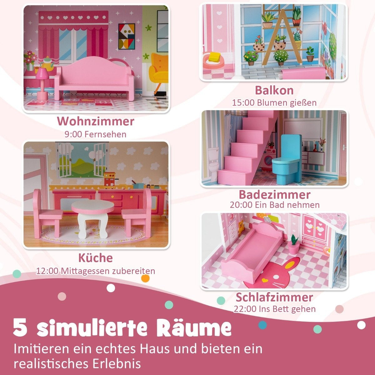 Wooden dollhouse with 3 floors & 10 furniture & 5 rooms dollhouse dream house pink
