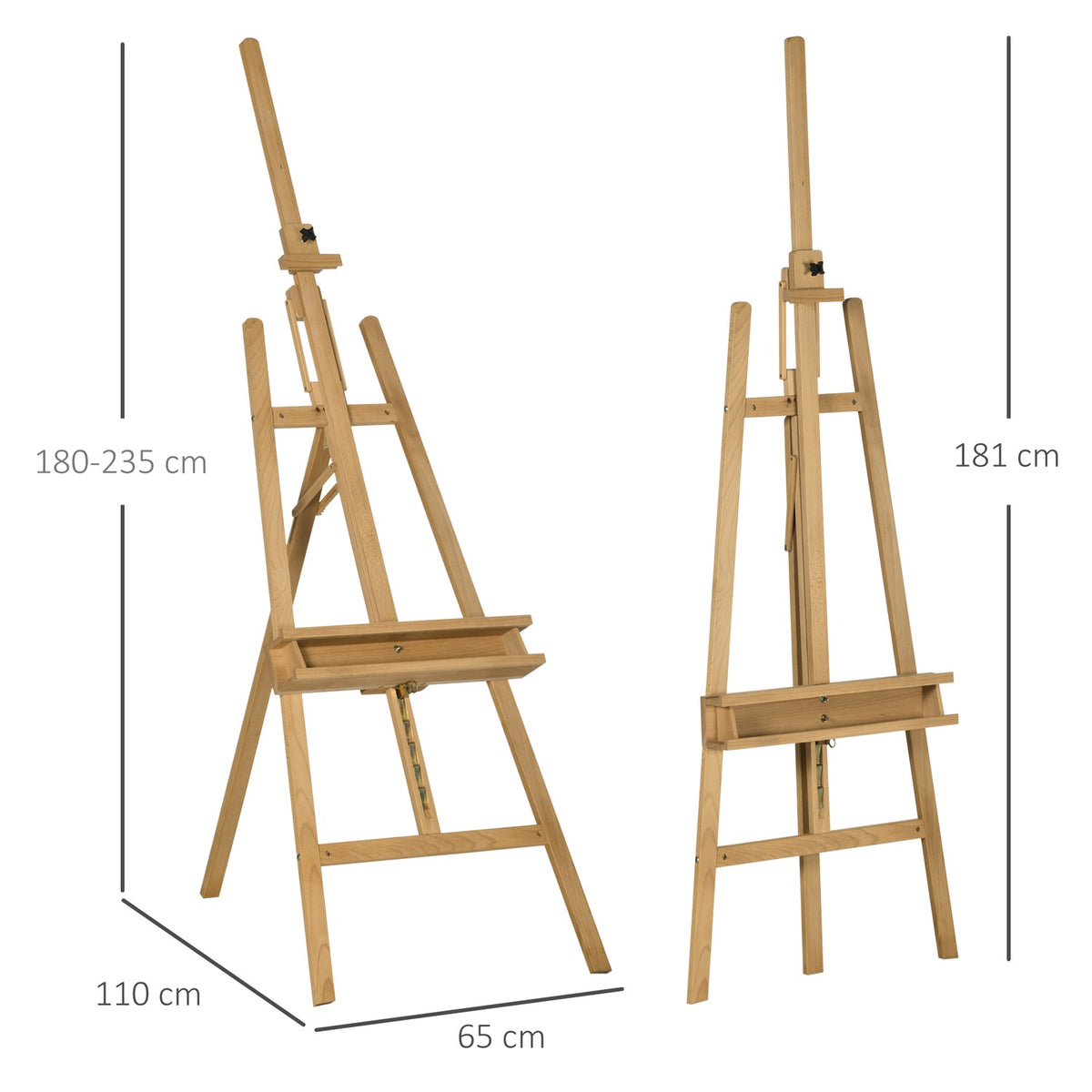 Wooden easel, 180-235 cm, height adjustable, foldable, with holder for canvases, spacious shelf for brushes and paints, natural wood