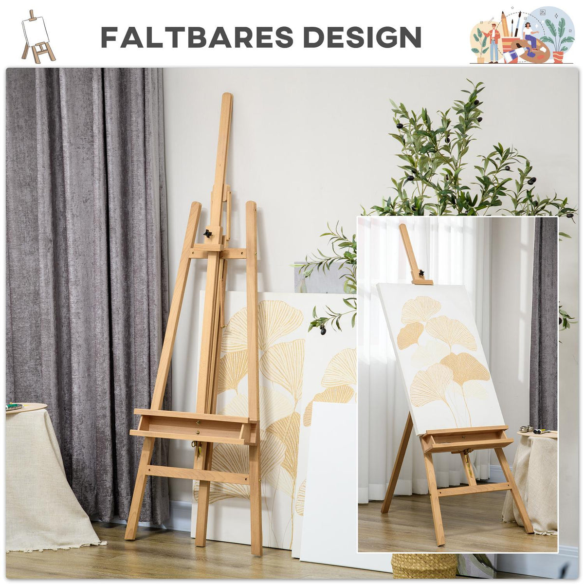 Wooden easel, 180-235 cm, height adjustable, foldable, with holder for canvases, spacious shelf for brushes and paints, natural wood