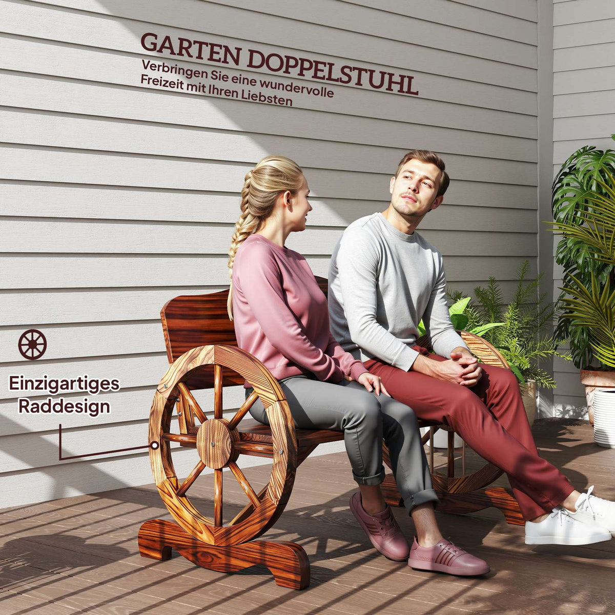 Wooden garden bench, 2-seater bench with back and armrests, wooden bench in wheel shape, weatherproof park bench, load capacity 240 kg, balcony bench for balcony, terrace, garden, 110 x 55 x 80 cm, charred |