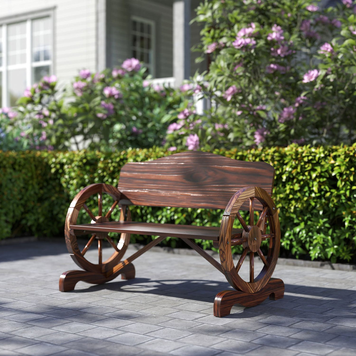 Wooden garden bench, 2-seater bench with back and armrests, wooden bench in wheel shape, weatherproof park bench, load capacity 240 kg, balcony bench for balcony, terrace, garden, 110 x 55 x 80 cm, charred |
