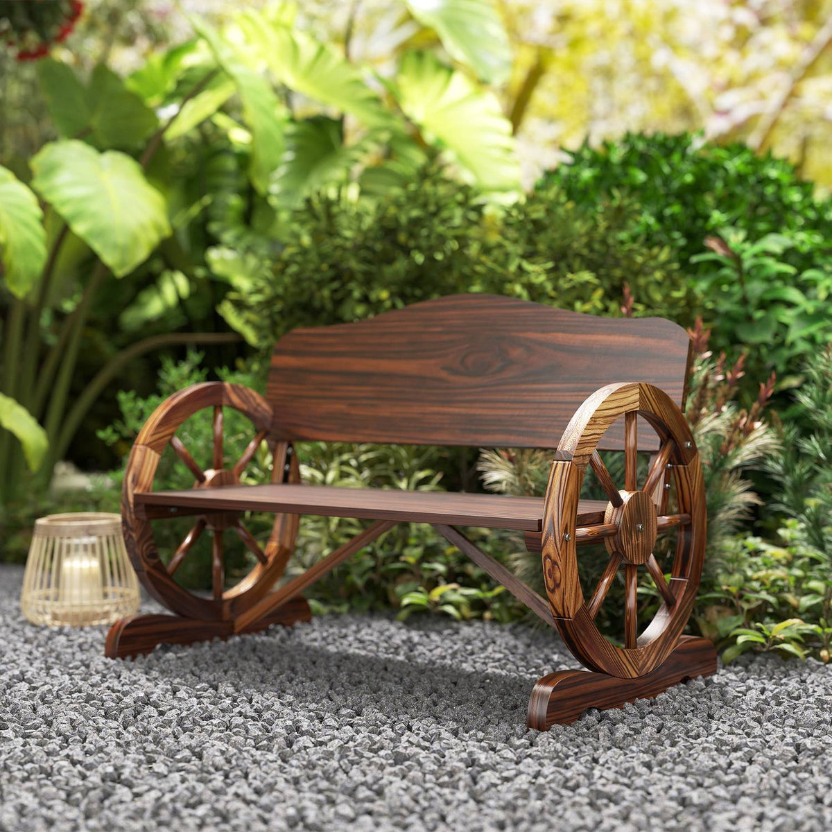 Wooden garden bench, 2-seater bench with back and armrests, wooden bench in wheel shape, weatherproof park bench, load capacity 240 kg, balcony bench for balcony, terrace, garden, 110 x 55 x 80 cm, charred |