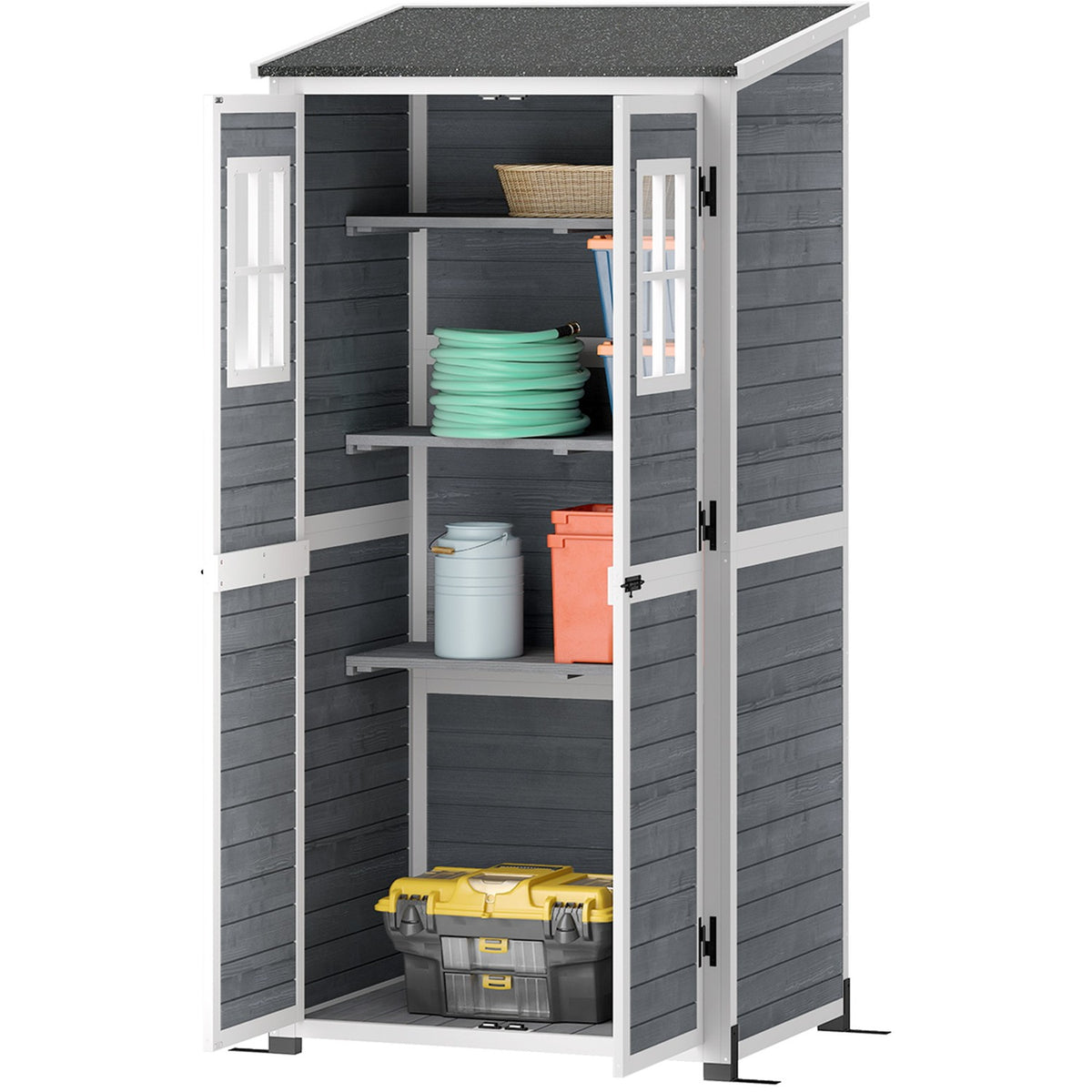 Wooden garden cabinet, tool shed with lockable door, 2 windows, base plate, asphalt pent roof shelf, 91x69x192cm, weatherproof tool cabinet, tool shed for garden, terrace, light gray |