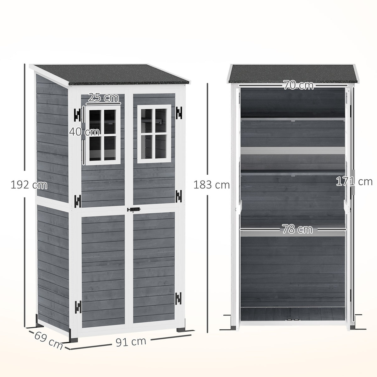 Wooden garden cabinet, tool shed with lockable door, 2 windows, base plate, asphalt pent roof shelf, 91x69x192cm, weatherproof tool cabinet, tool shed for garden, terrace, light gray |