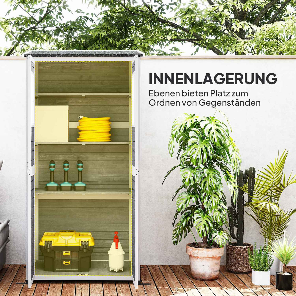 Wooden garden cabinet, tool shed with lockable door, 2 windows, base plate, asphalt pent roof shelf, 91x69x192cm, weatherproof tool cabinet, tool shed for garden, terrace, light gray |