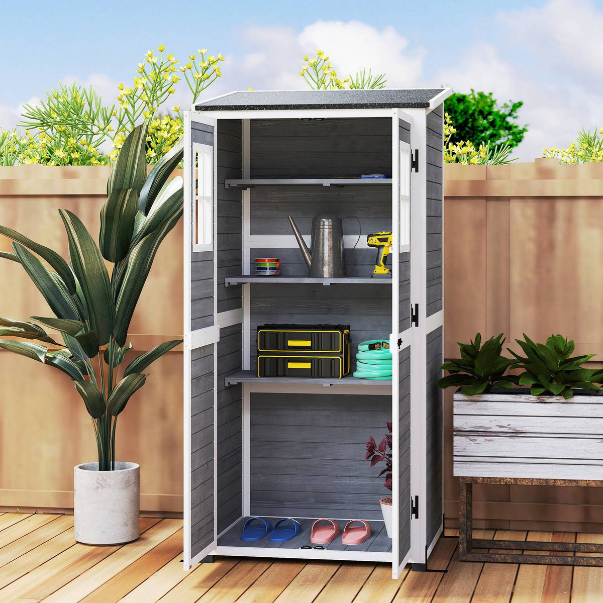 Wooden garden cabinet, tool shed with lockable door, 2 windows, base plate, asphalt pent roof shelf, 91x69x192cm, weatherproof tool cabinet, tool shed for garden, terrace, light gray |