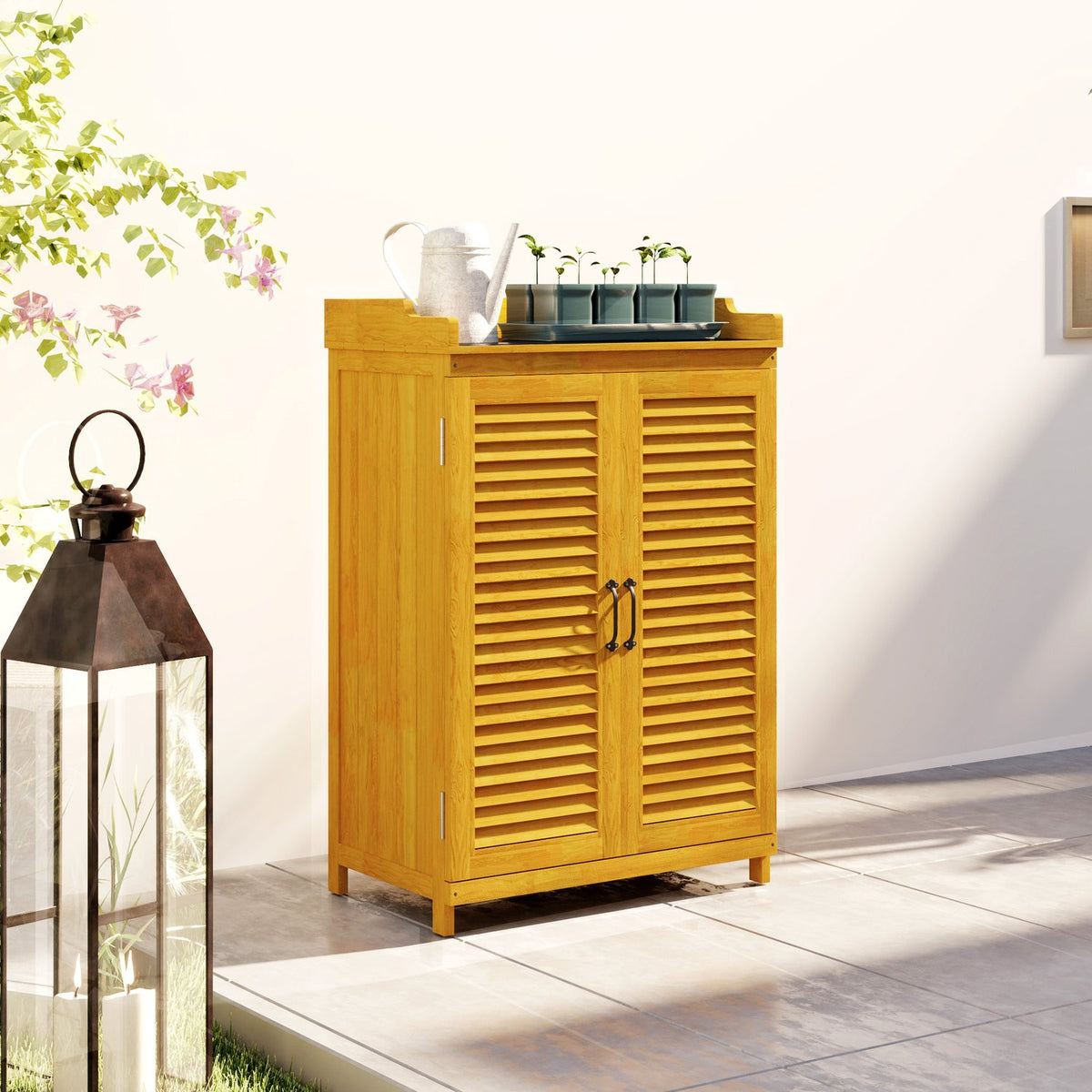 Wooden garden cabinet, tool shed with work surface, weatherproof equipment cabinet, 65.5x40x98.5cm, tool shed with slatted door, shelves, tool cabinet garden shed for garden, terrace, yellow