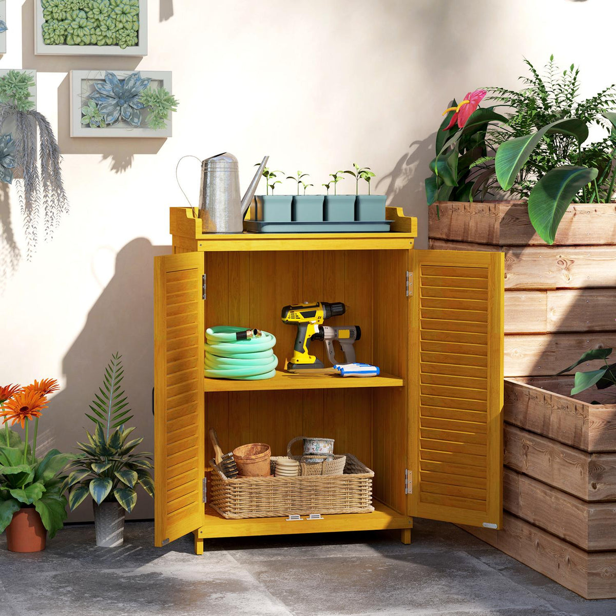 Wooden garden cabinet, tool shed with work surface, weatherproof equipment cabinet, 65.5x40x98.5cm, tool shed with slatted door, shelves, tool cabinet garden shed for garden, terrace, yellow