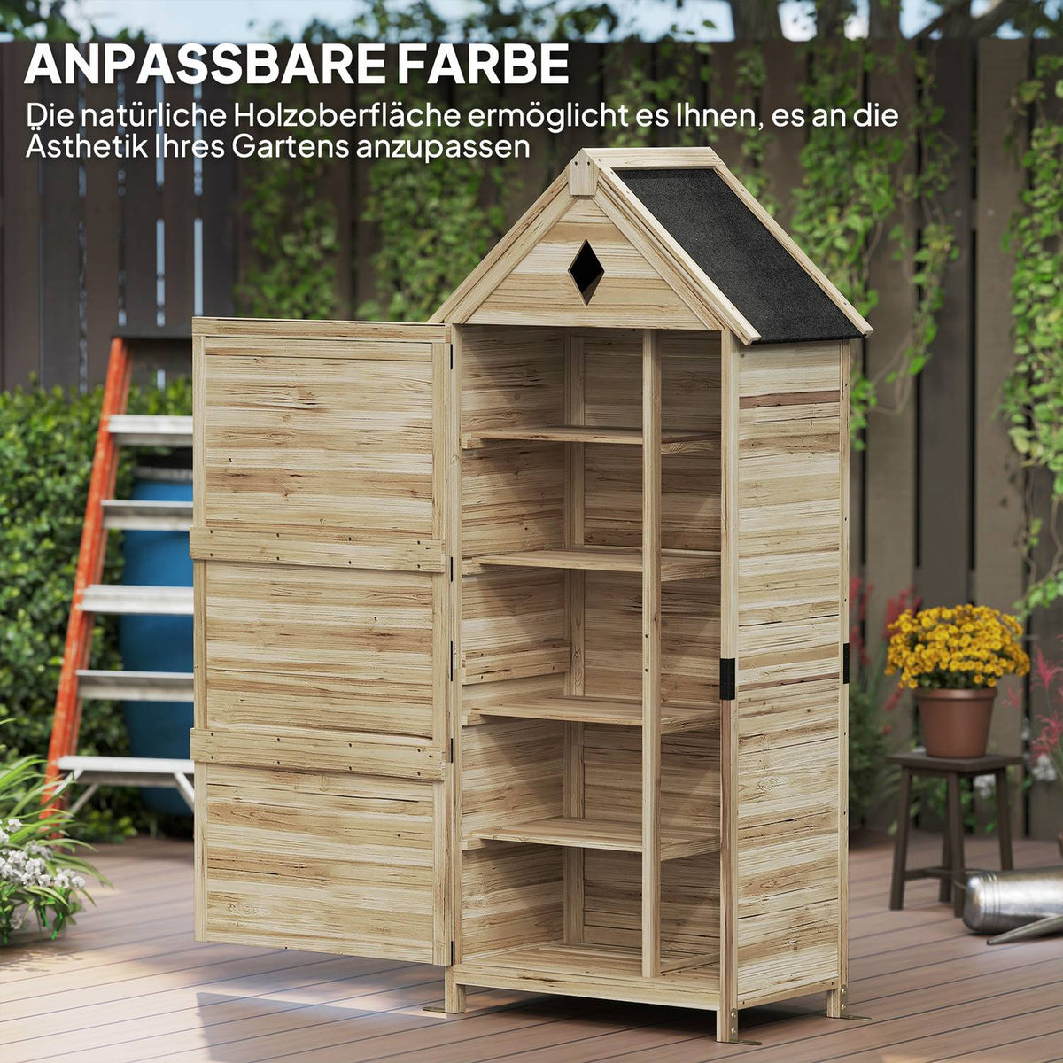 Wooden garden cabinet, waterproof tool shed with asphalt gable roof, storage door 80 x 49 x 170 cm, weatherproof tool cabinet, tool shed garden shed for garden, terrace, natural wood |