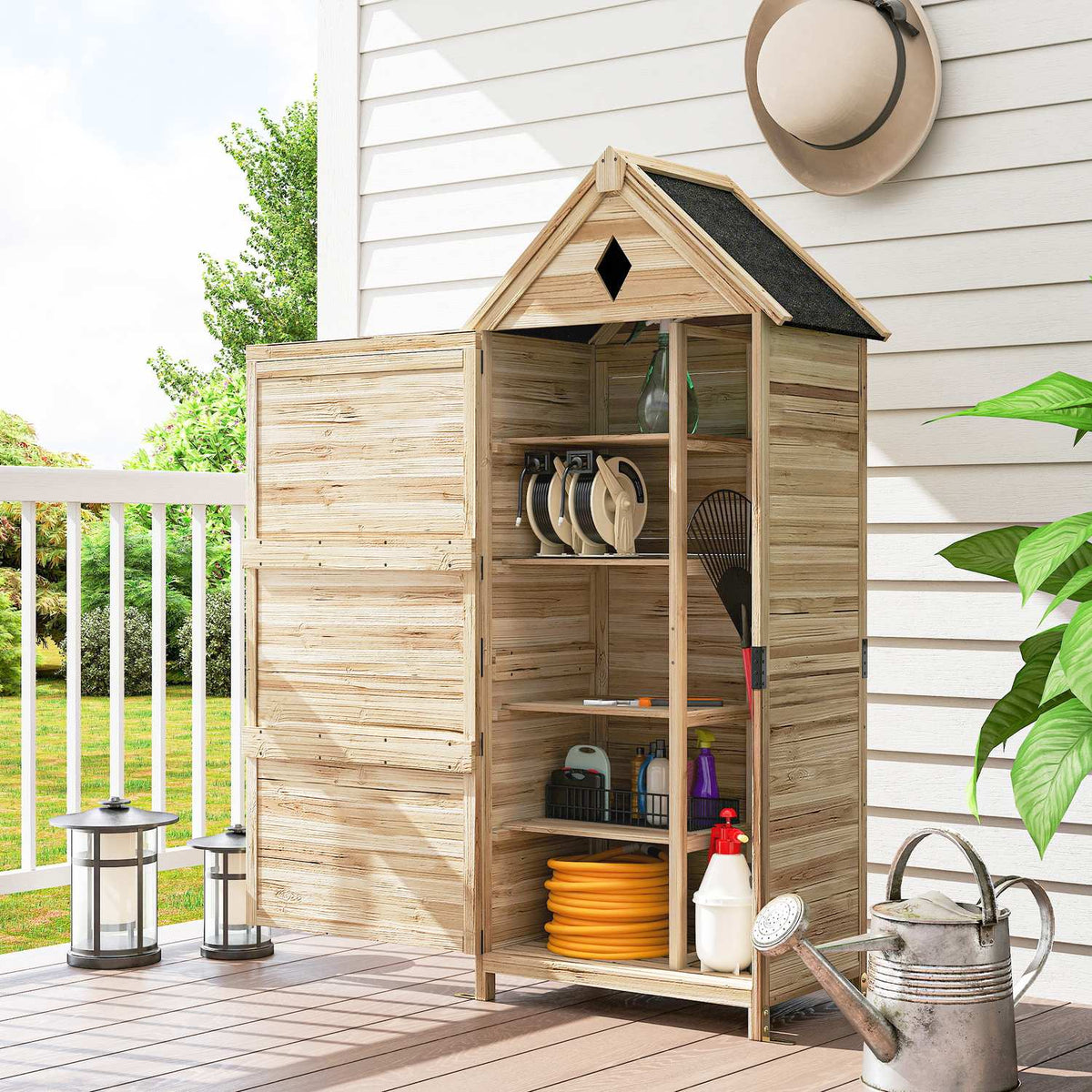 Wooden garden cabinet, waterproof tool shed with asphalt gable roof, storage door 80 x 49 x 170 cm, weatherproof tool cabinet, tool shed garden shed for garden, terrace, natural wood |