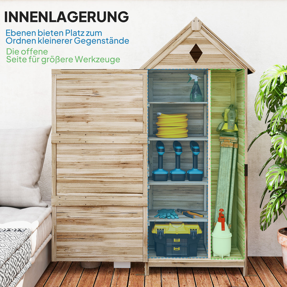 Wooden garden cabinet, waterproof tool shed with asphalt gable roof, storage door 80 x 49 x 170 cm, weatherproof tool cabinet, tool shed garden shed for garden, terrace, natural wood |