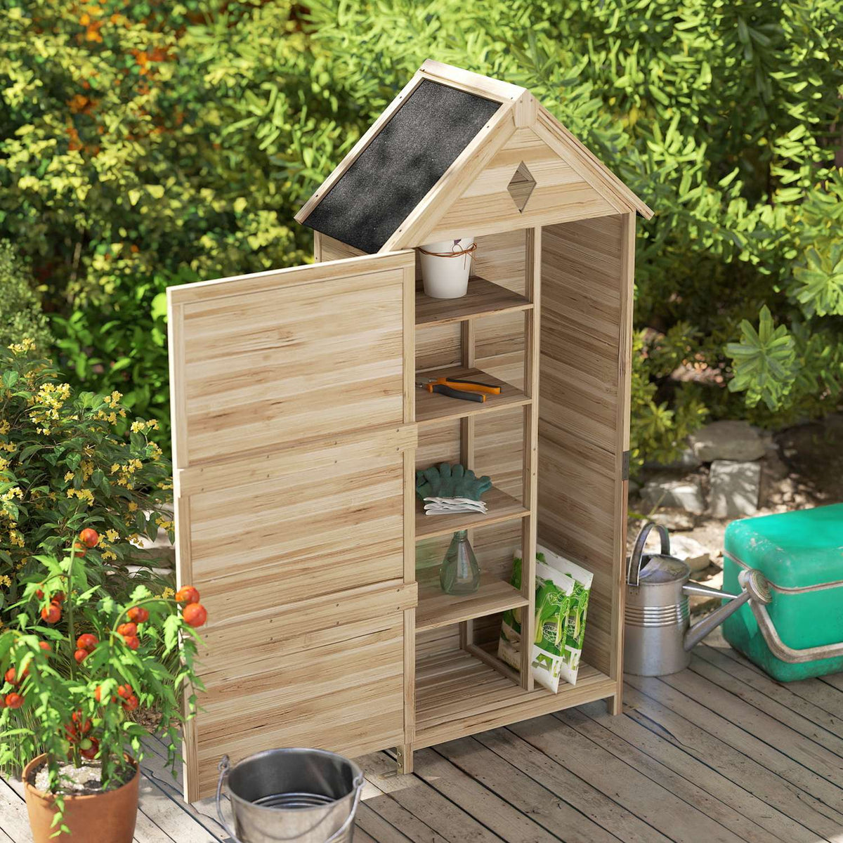 Wooden garden cabinet, waterproof tool shed with asphalt gable roof, storage door 80 x 49 x 170 cm, weatherproof tool cabinet, tool shed garden shed for garden, terrace, natural wood |