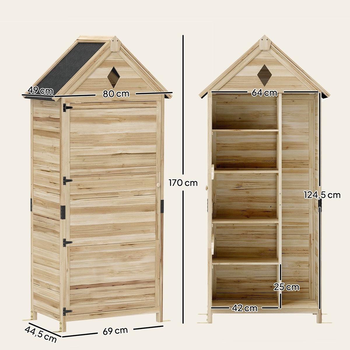 Wooden garden cabinet, waterproof tool shed with asphalt gable roof, storage door 80 x 49 x 170 cm, weatherproof tool cabinet, tool shed garden shed for garden, terrace, natural wood |