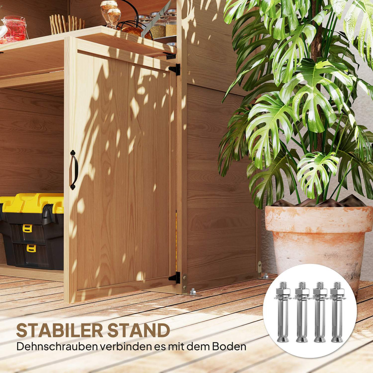Wooden garden cupboard, tool shed with stepped pent roof, folding shelf, table, double doors, 110 x 54 x 136 cm, weatherproof tool cupboard, tool shed, garden shed for garden, terrace, natural wood