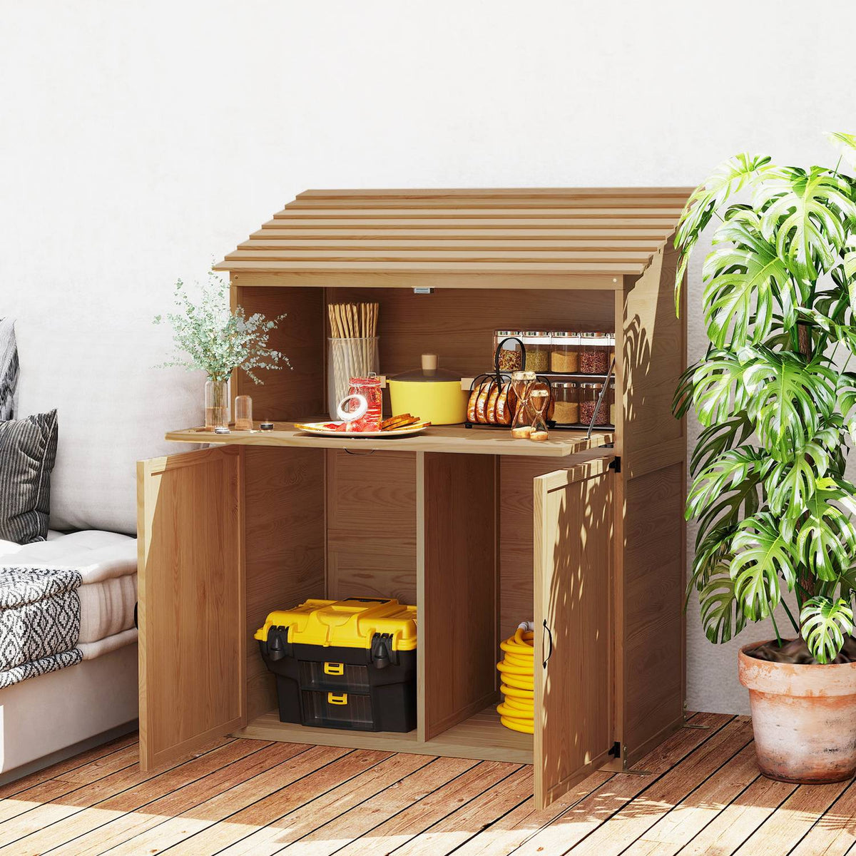 Wooden garden cupboard, tool shed with stepped pent roof, folding shelf, table, double doors, 110 x 54 x 136 cm, weatherproof tool cupboard, tool shed, garden shed for garden, terrace, natural wood