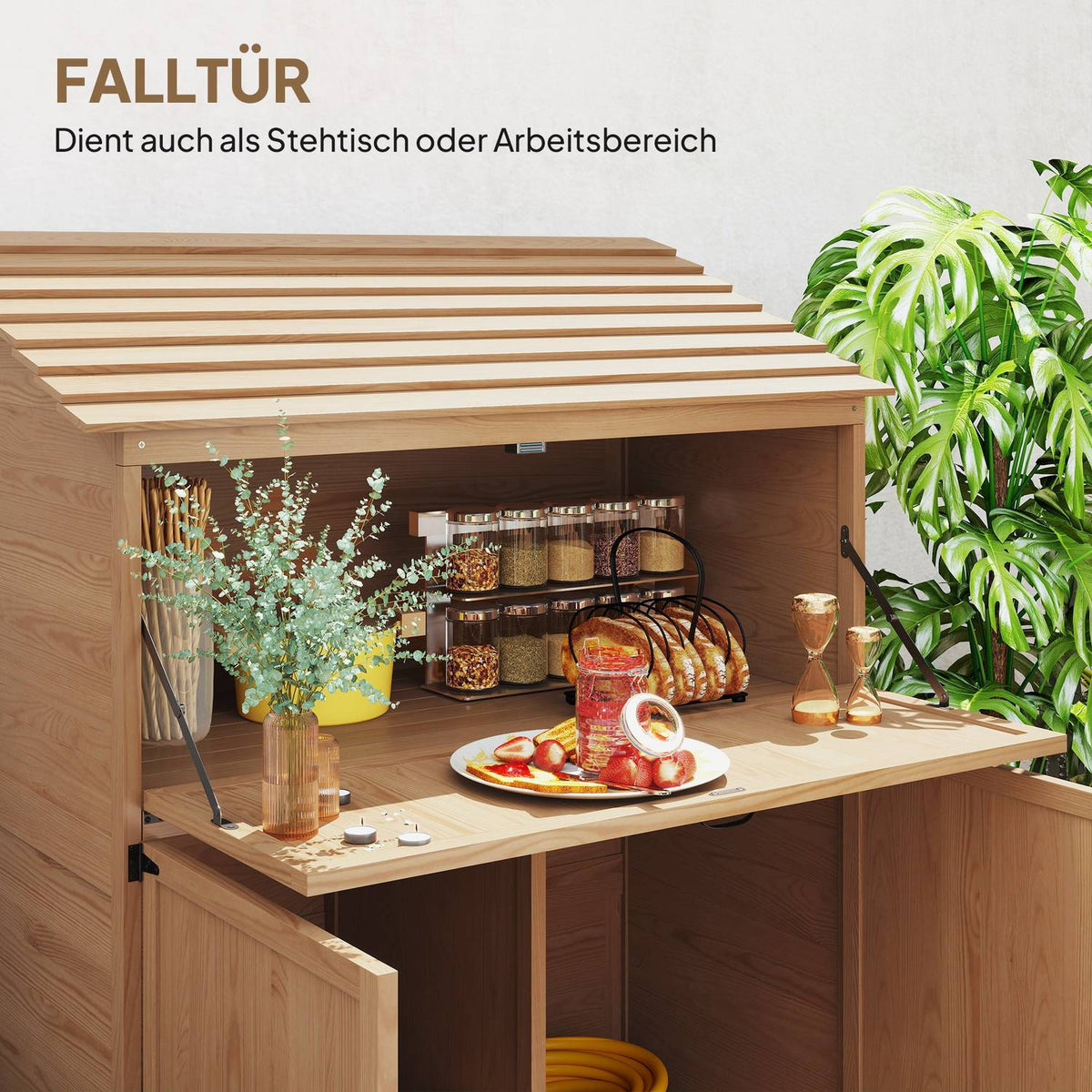 Wooden garden cupboard, tool shed with stepped pent roof, folding shelf, table, double doors, 110 x 54 x 136 cm, weatherproof tool cupboard, tool shed, garden shed for garden, terrace, natural wood