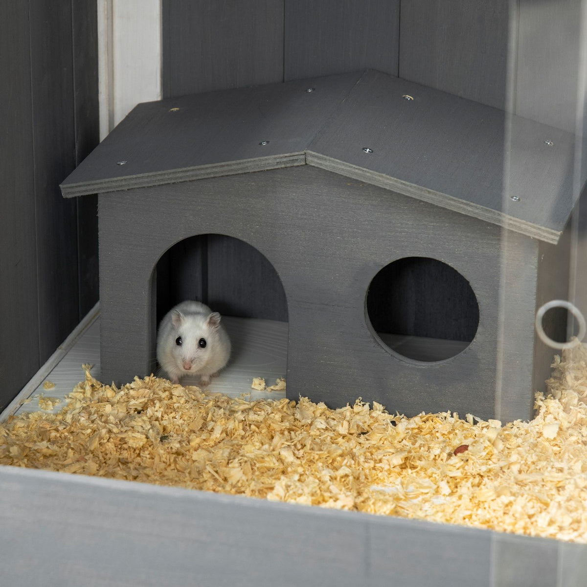 Wooden hamster cage for dwarf hamsters, rodent cage, small animal cage with 2 huts and accessories, large mouse cage, 82 x 45 x 81 cm, gray