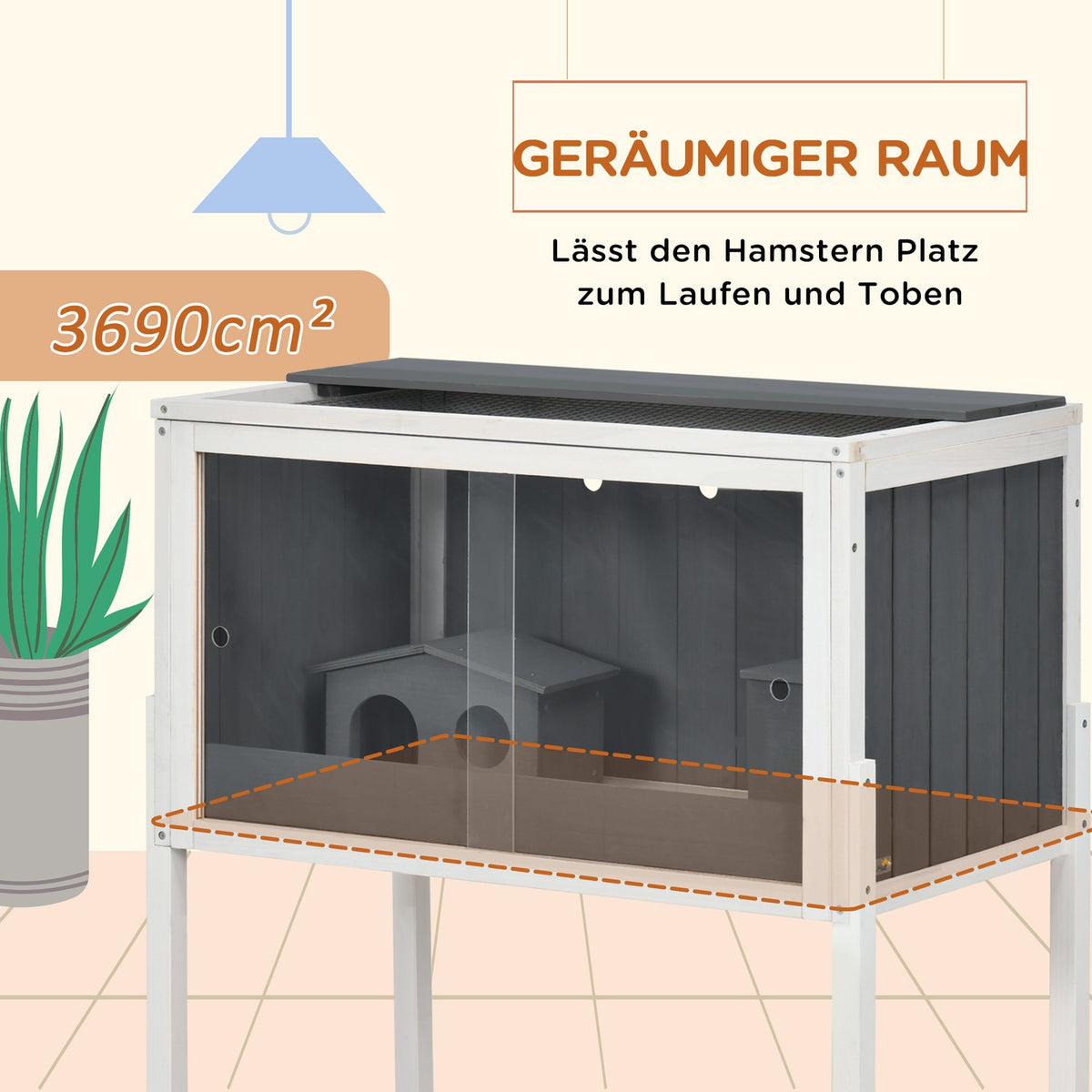 Wooden hamster cage for dwarf hamsters, rodent cage, small animal cage with 2 huts and accessories, large mouse cage, 82 x 45 x 81 cm, gray