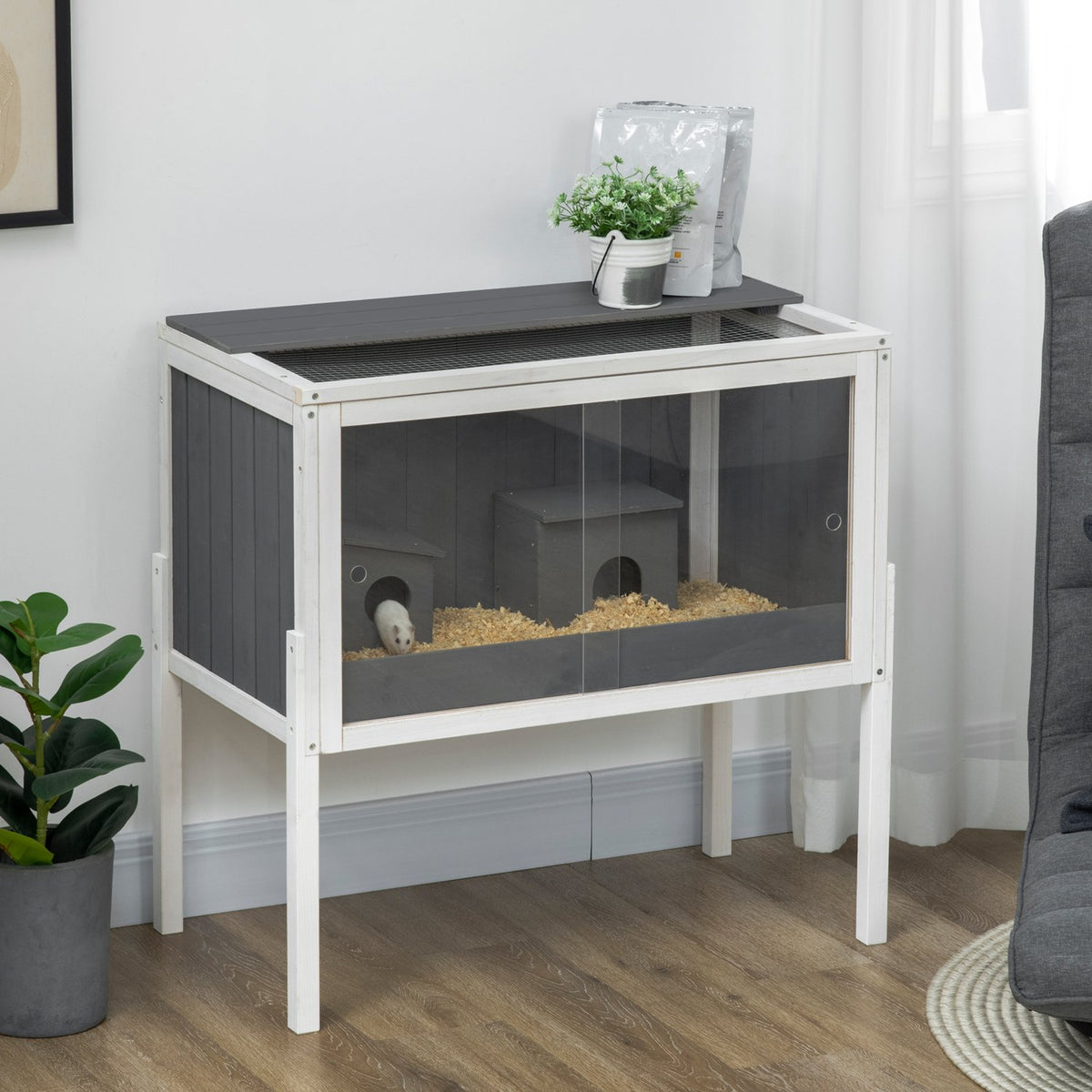 Wooden hamster cage for dwarf hamsters, rodent cage, small animal cage with 2 huts and accessories, large mouse cage, 82 x 45 x 81 cm, gray