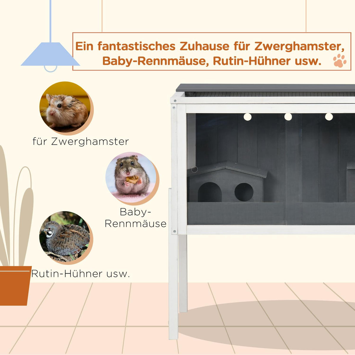Wooden hamster cage for dwarf hamsters, rodent cage, small animal cage with 2 huts and accessories, large mouse cage, 82 x 45 x 81 cm, gray