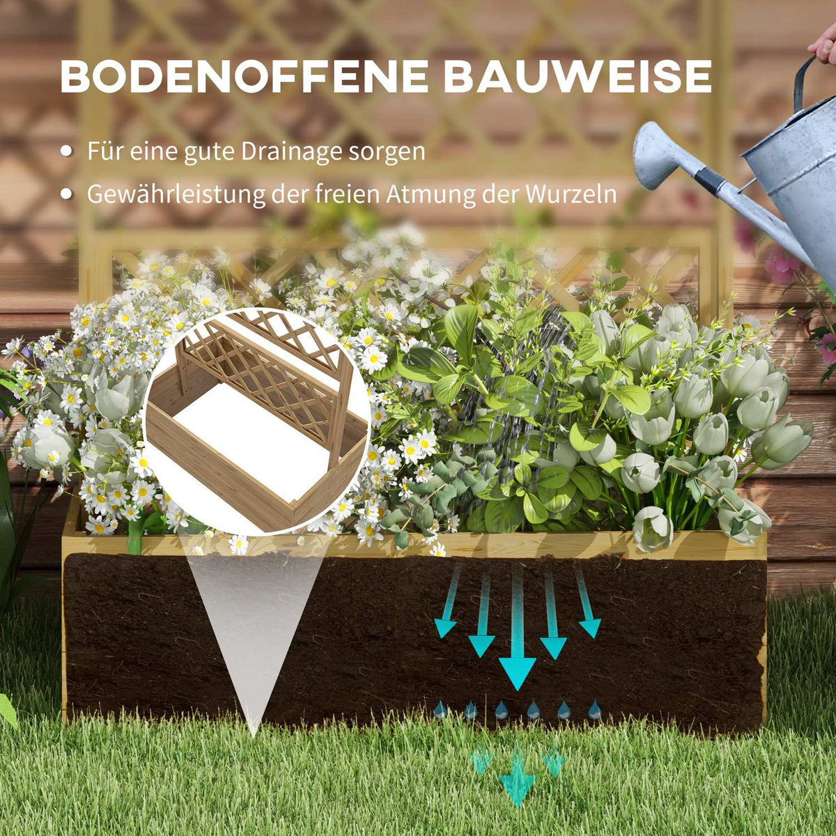 Wooden raised bed, garden bed with roof, plant bed with trellis for climbing plants, cold frame for garden, balcony, 160 x 55 x 183 cm natural wood