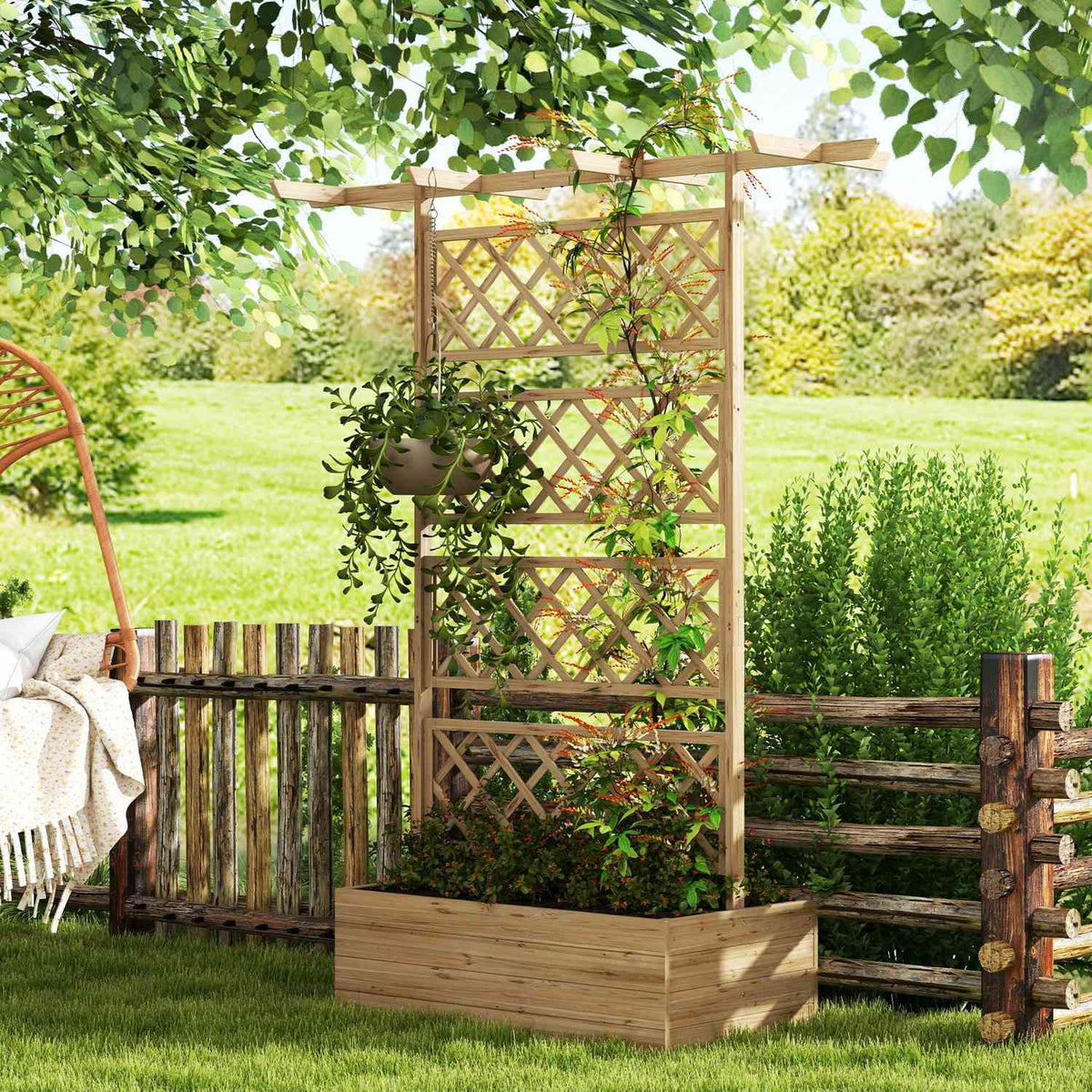Wooden raised bed, garden bed with roof, plant bed with trellis for climbing plants, cold frame for garden, balcony, 160 x 55 x 183 cm natural wood