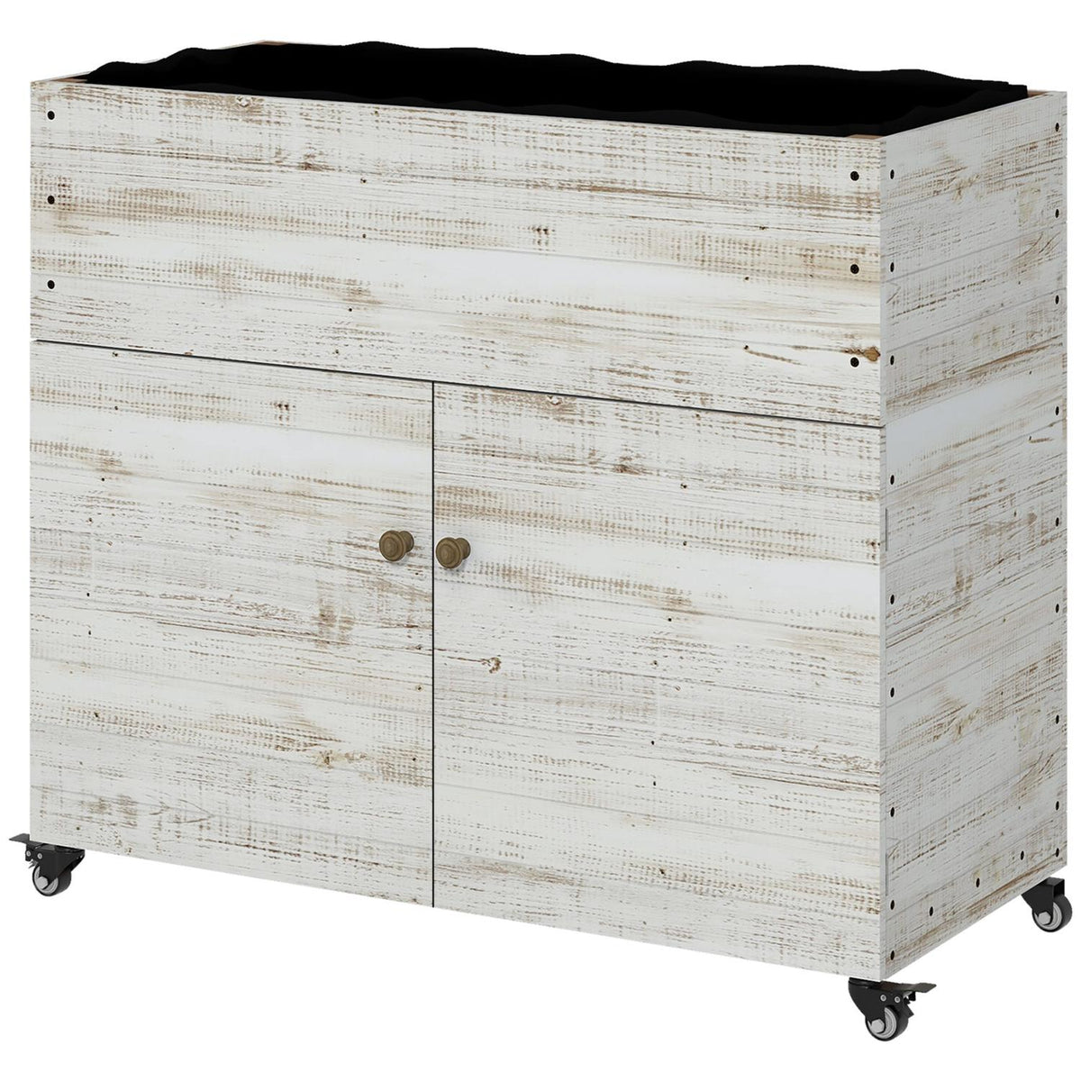 Wooden raised bed with cupboard compartment, herb bed with wheels, plant box 110 x 50 x 95 cm, flower box with non-woven fabric, white for garden & balcony