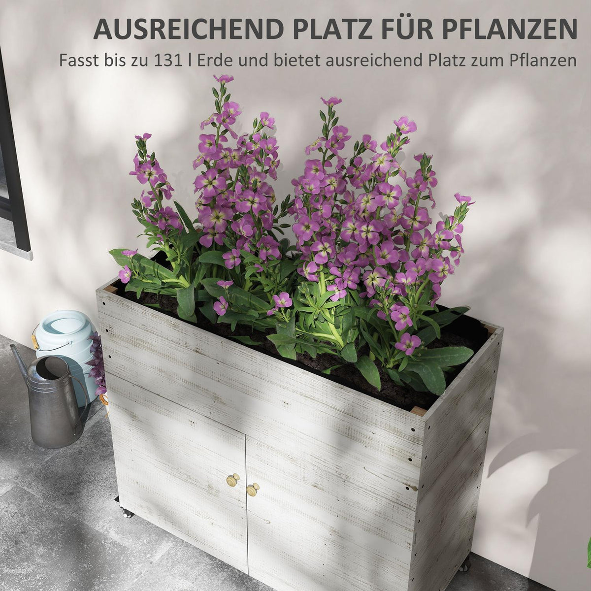 Wooden raised bed with cupboard compartment, herb bed with wheels, plant box 110 x 50 x 95 cm, flower box with non-woven fabric, white for garden & balcony