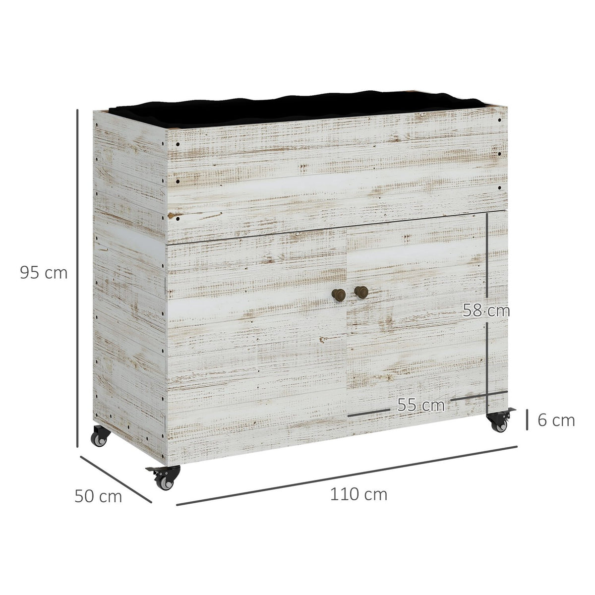 Wooden raised bed with cupboard compartment, herb bed with wheels, plant box 110 x 50 x 95 cm, flower box with non-woven fabric, white for garden & balcony