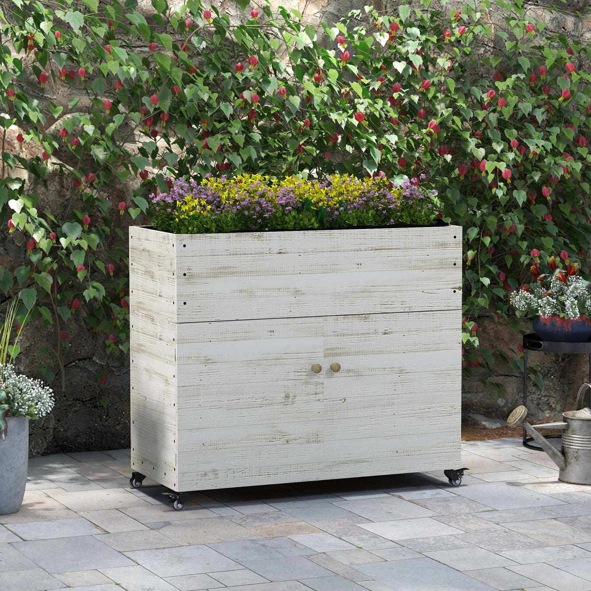 Wooden raised bed with cupboard compartment, herb bed with wheels, plant box 110 x 50 x 95 cm, flower box with non-woven fabric, white for garden & balcony