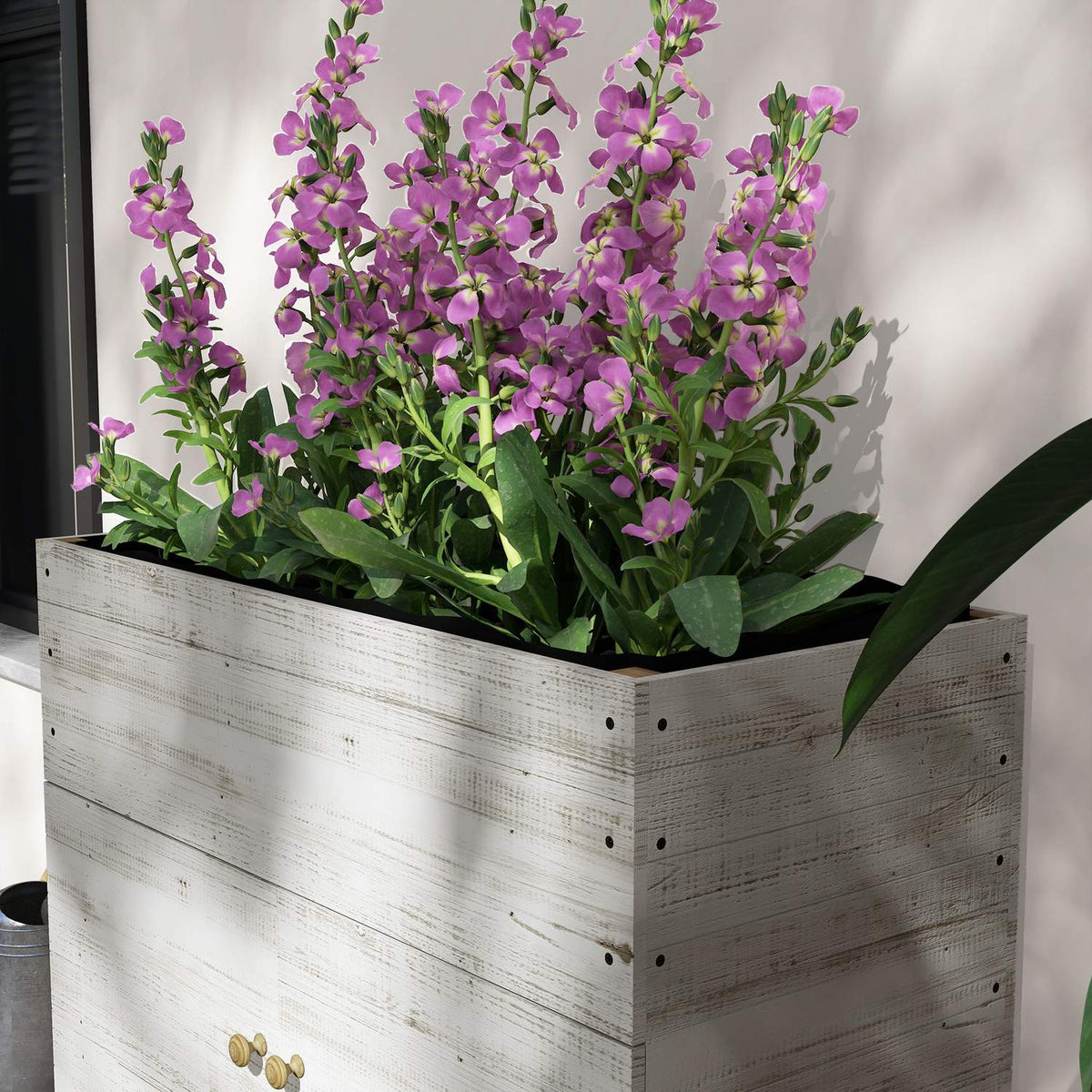 Wooden raised bed with cupboard compartment, herb bed with wheels, plant box 110 x 50 x 95 cm, flower box with non-woven fabric, white for garden & balcony