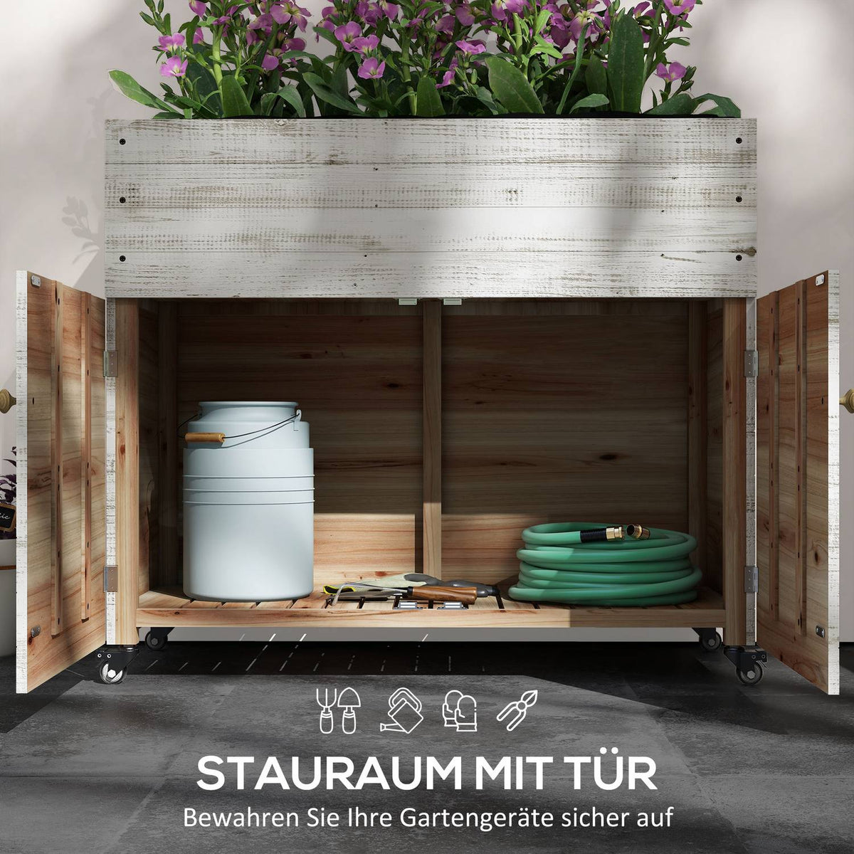 Wooden raised bed with cupboard compartment, herb bed with wheels, plant box 110 x 50 x 95 cm, flower box with non-woven fabric, white for garden & balcony