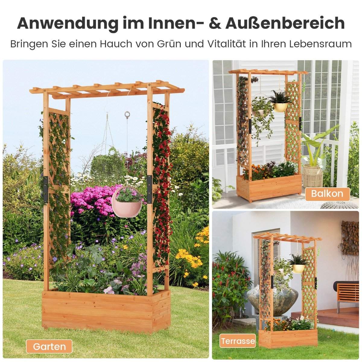 Wooden raised bed with trellis & hanging roof & trellis planter 110 x 44 x 182 cm