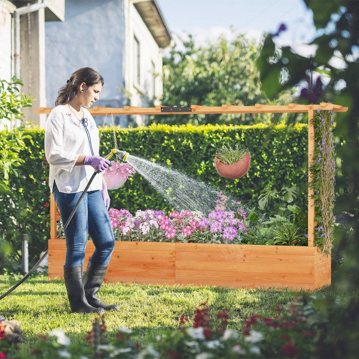 Wooden raised bed with trellis & hanging roof & trellis planter 200 x 44 x 114 cm