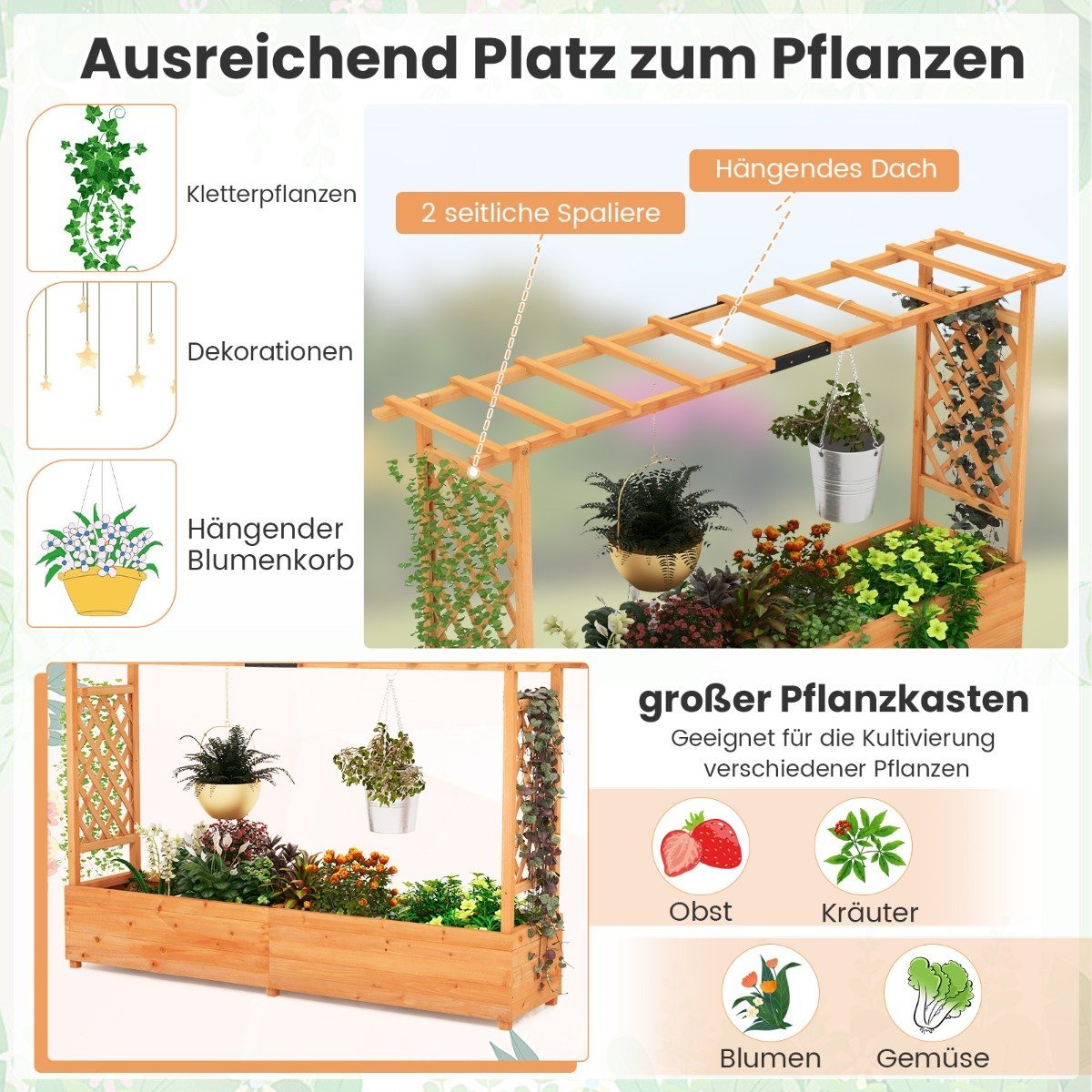 Wooden raised bed with trellis & hanging roof & trellis planter 200 x 44 x 114 cm