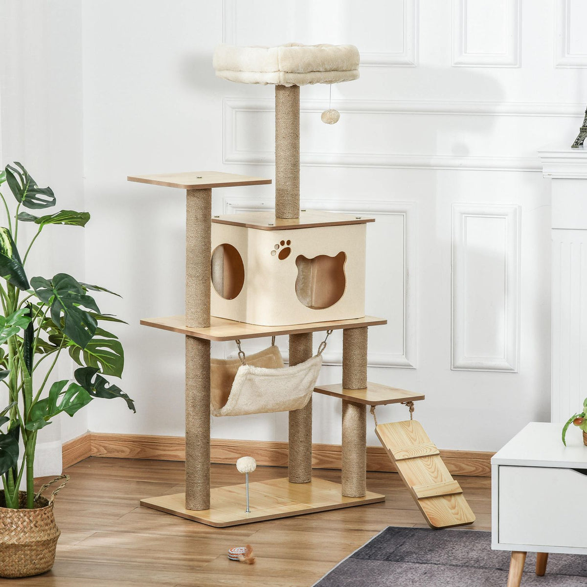 Wooden scratching post, cat tree for cats, climbing tree with cat cave, jute trunks, play balls, yellow, 60x40x130cm