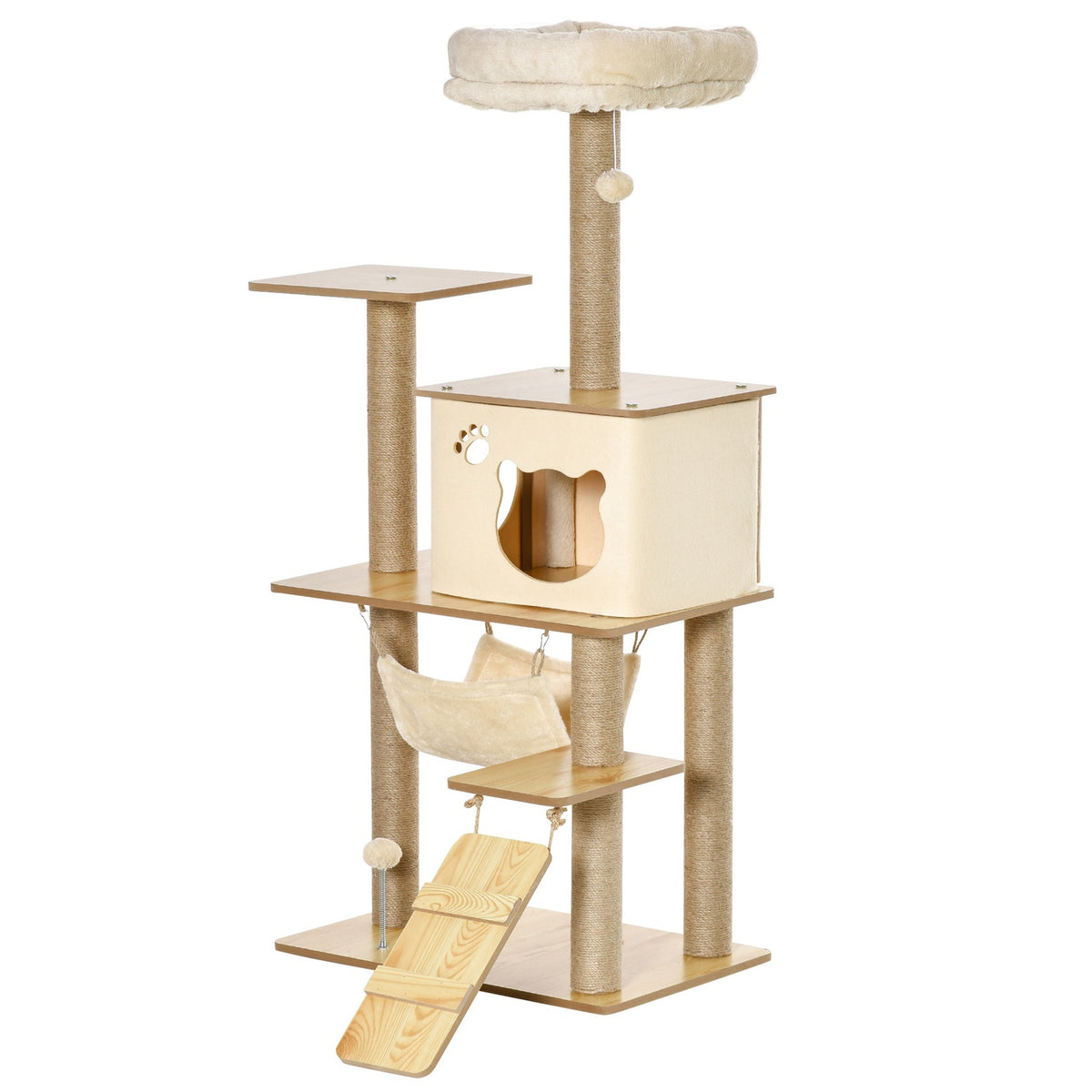 Wooden scratching post, cat tree for cats, climbing tree with cat cave, jute trunks, play balls, yellow, 60x40x130cm