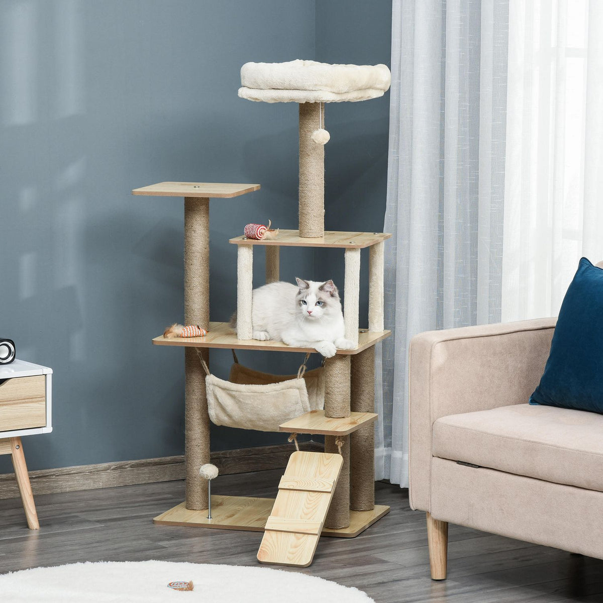 Wooden scratching post, cat tree for cats, climbing tree with cat cave, jute trunks, play balls, yellow, 60x40x130cm