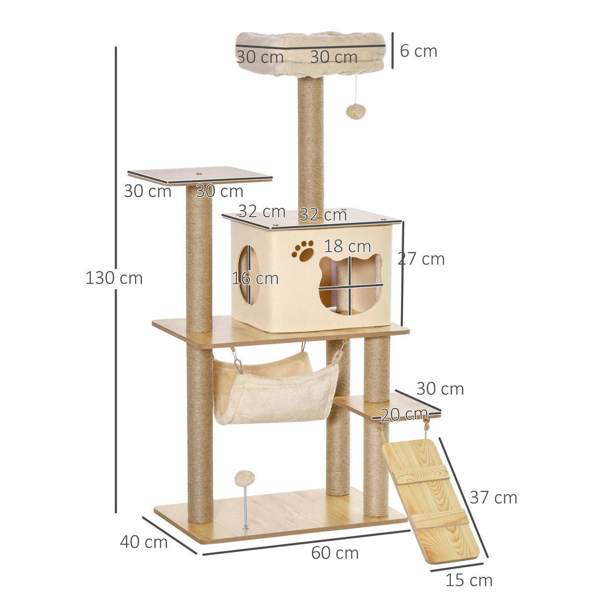 Wooden scratching post, cat tree for cats, climbing tree with cat cave, jute trunks, play balls, yellow, 60x40x130cm