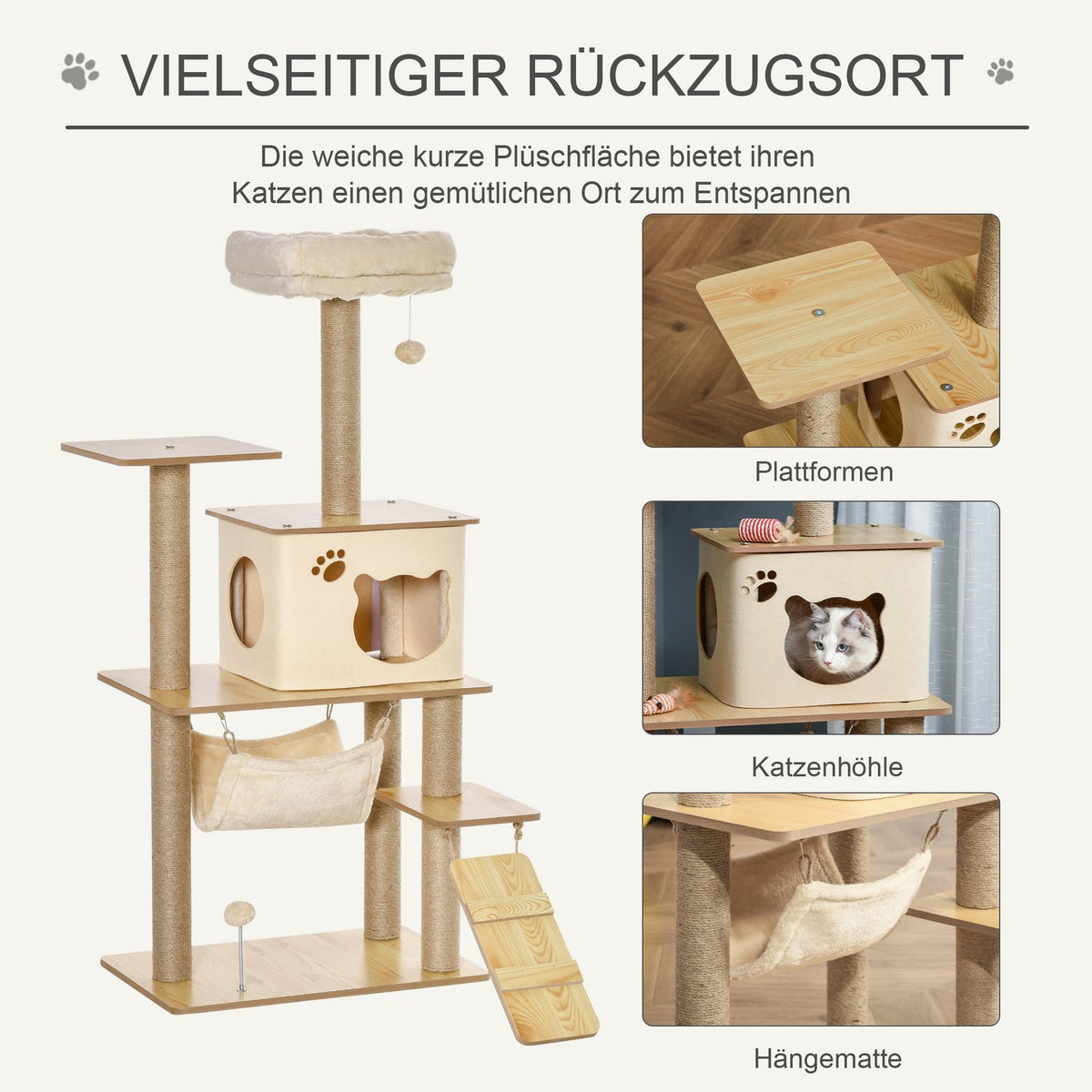 Wooden scratching post, cat tree for cats, climbing tree with cat cave, jute trunks, play balls, yellow, 60x40x130cm