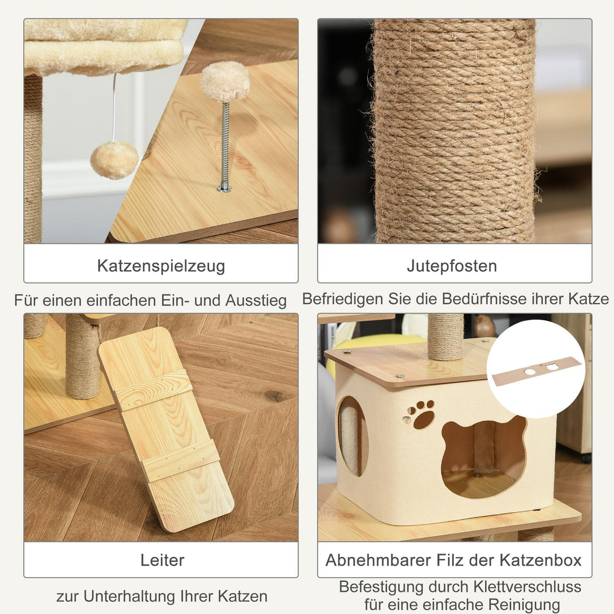 Wooden scratching post, cat tree for cats, climbing tree with cat cave, jute trunks, play balls, yellow, 60x40x130cm