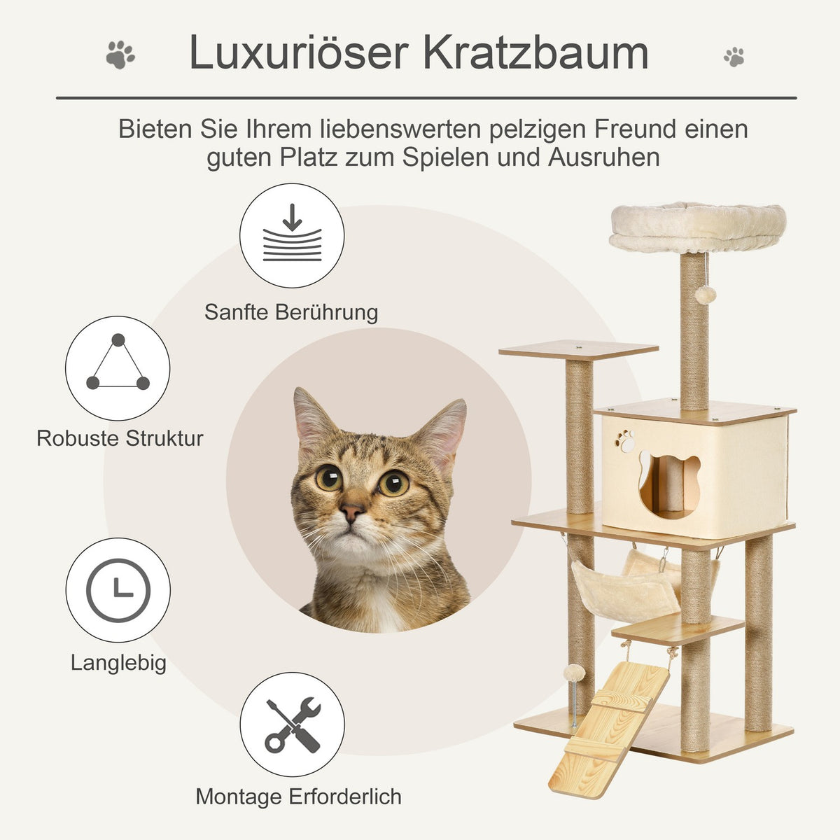 Wooden scratching post, cat tree for cats, climbing tree with cat cave, jute trunks, play balls, yellow, 60x40x130cm